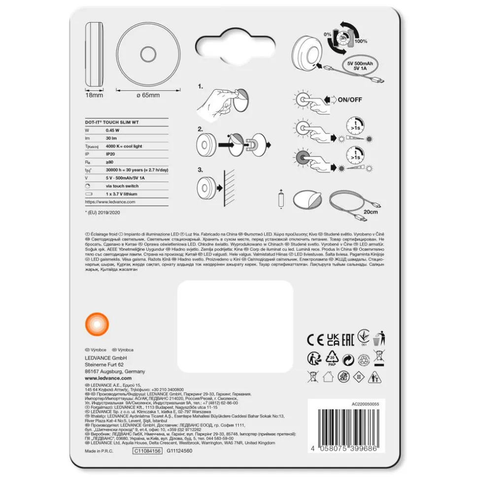 Akku-LED-Leuchte 'DOT-it Touch' weiß 32 lm, dimmbar Ø 6,5 cm