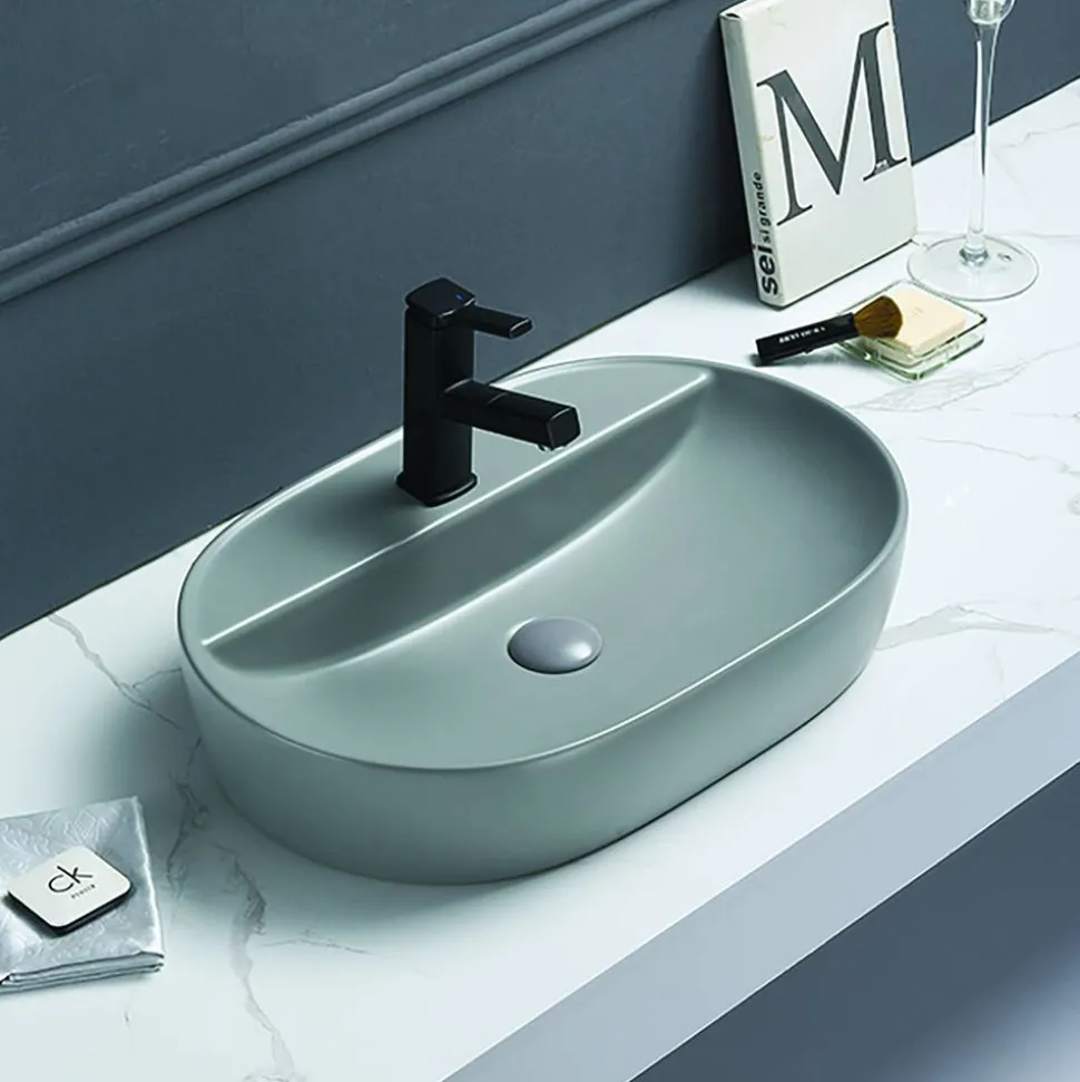 Aufsatzwaschtisch 'Tari' Keramik oval matt light grey 60,5 x 40 x 12 cm