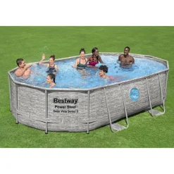 Aufstellpool 'Power Steel™ Swim Vista Series™' Komplett-Set mit Sandfilteranlage cremegrau Steinwand-Optik oval 488 x 305 x 107 cm