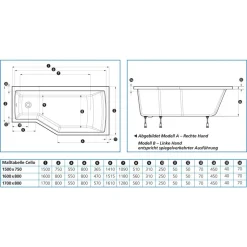Badewanne "Cello" asymmetrisch weiß 170 x 80 cm Modell A