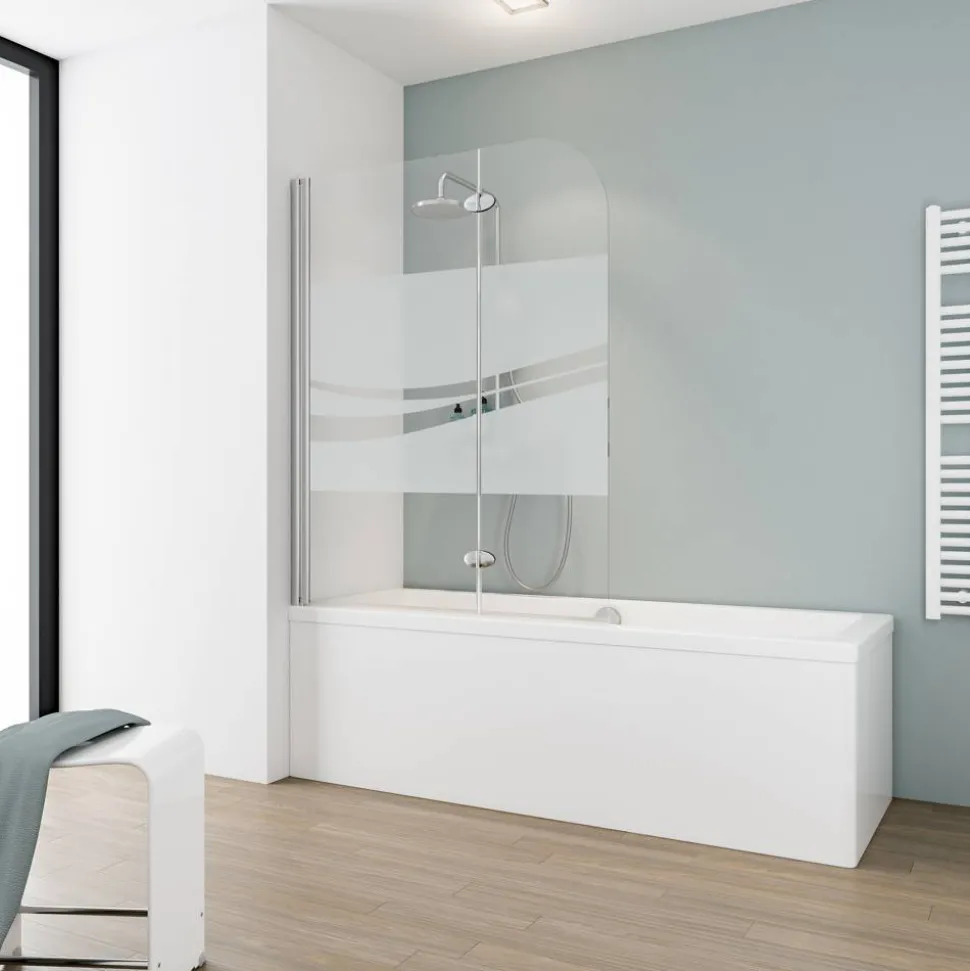 Badewannenfaltwand 2-teilig 'Komfort' Echtglas Dekor Liane, Chromoptik 114 x 140 cm