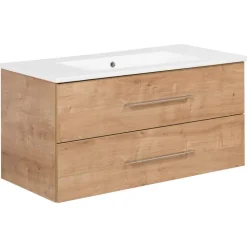 Badmöbelset 'b.perfekt' Spiegelschrank und Waschbecken mit Unterschrank weiß/Ast Eiche
