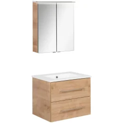 Badmöbelset 'b.perfekt' Spiegelschrank und Waschbecken mit Unterschrank weiß/Ast Eiche