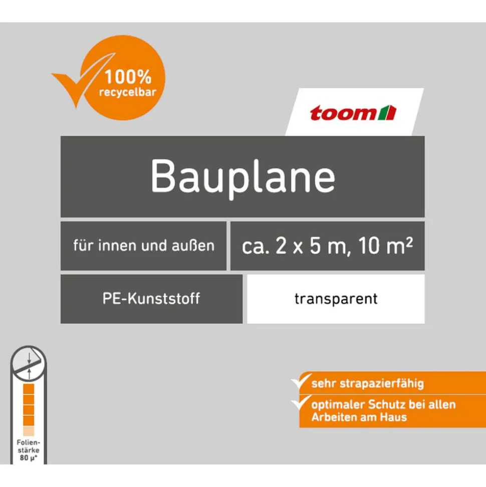 Bauplane Polyethylen 80 g/m² transparent 2 x 5 m
