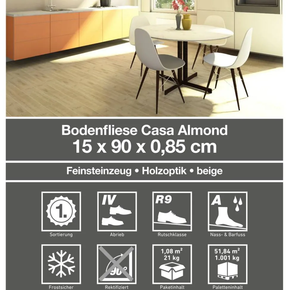 Bodenfliese 'Casa' Feinsteinzeug almond 15 x 90 cm