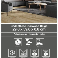 Bodenfliese 'Starwood' Feinsteinzeug hellbraun 29,8 x 59,8 cm