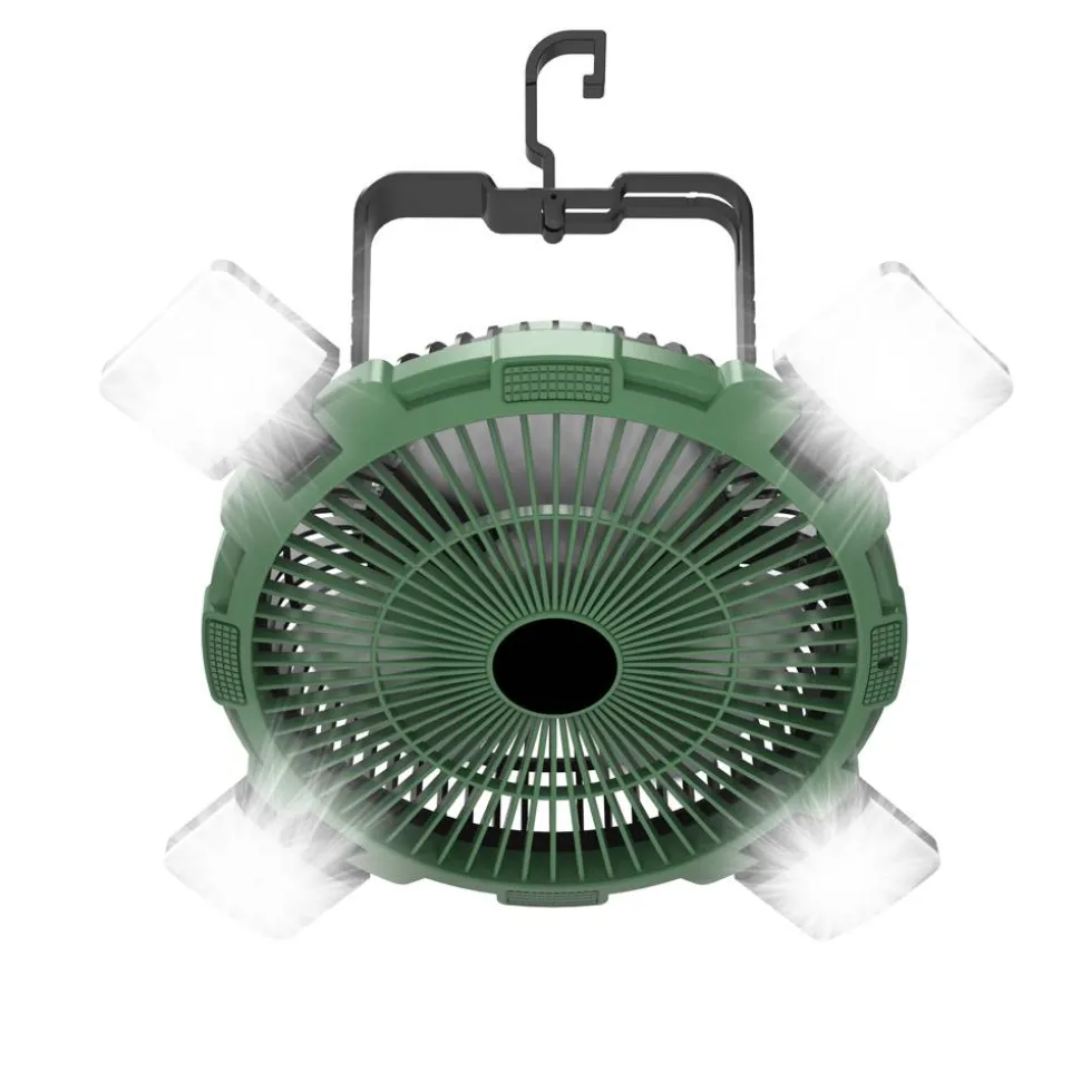 Camping-Ventilator grün mit LED-Licht und Fernbedienung Ø 21,5 cm