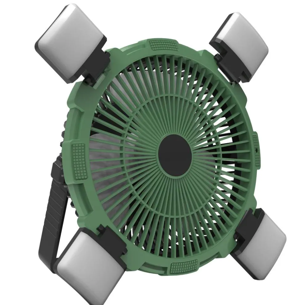 Camping-Ventilator grün mit LED-Licht und Fernbedienung Ø 21,5 cm