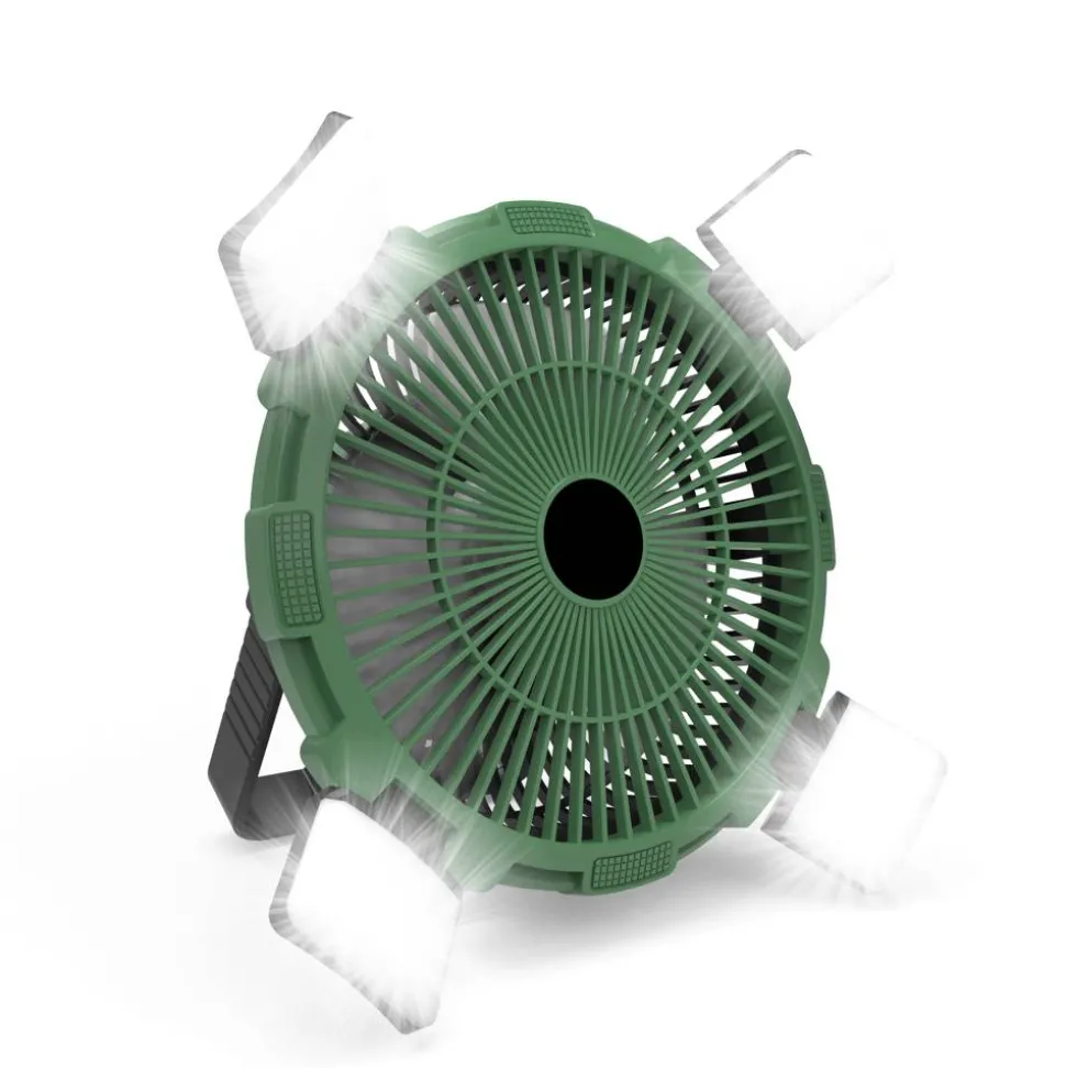 Camping-Ventilator grün mit LED-Licht und Fernbedienung Ø 21,5 cm