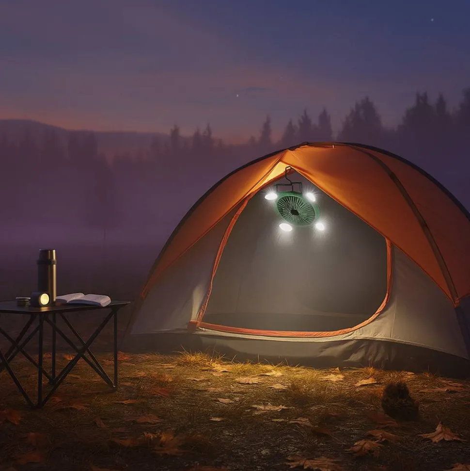 Camping-Ventilator grün mit LED-Licht und Fernbedienung Ø 21,5 cm