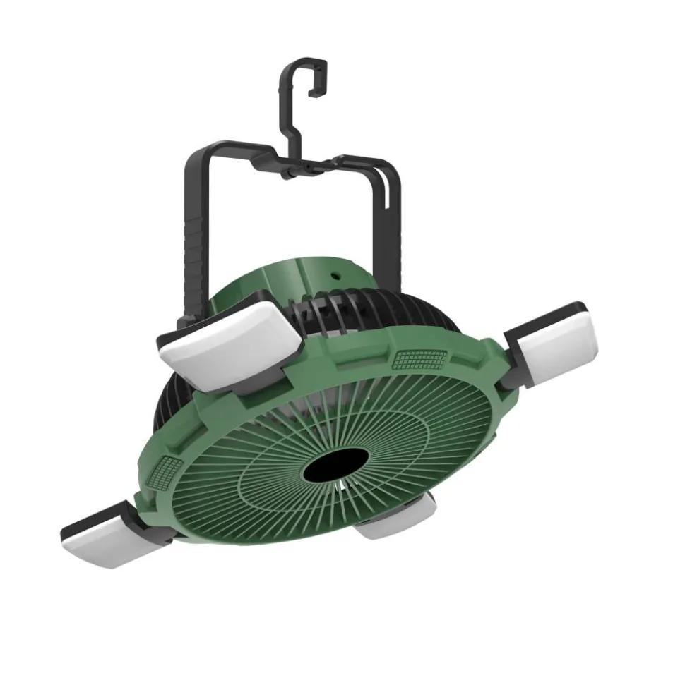 Camping-Ventilator grün mit LED-Licht und Fernbedienung Ø 21,5 cm