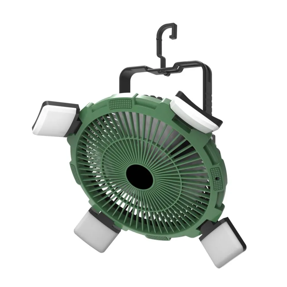 Camping-Ventilator grün mit LED-Licht und Fernbedienung Ø 21,5 cm