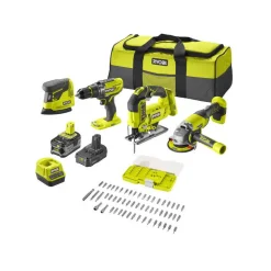 Combo Kit Akku-Schlagbohrschrauber, Winkelschleifer, Stichsäge, Delta-Vibrationsschleifer 'R18CK4F-252S' mit Akku, Werkzeugtasche und 55-teiligem Bit-Set