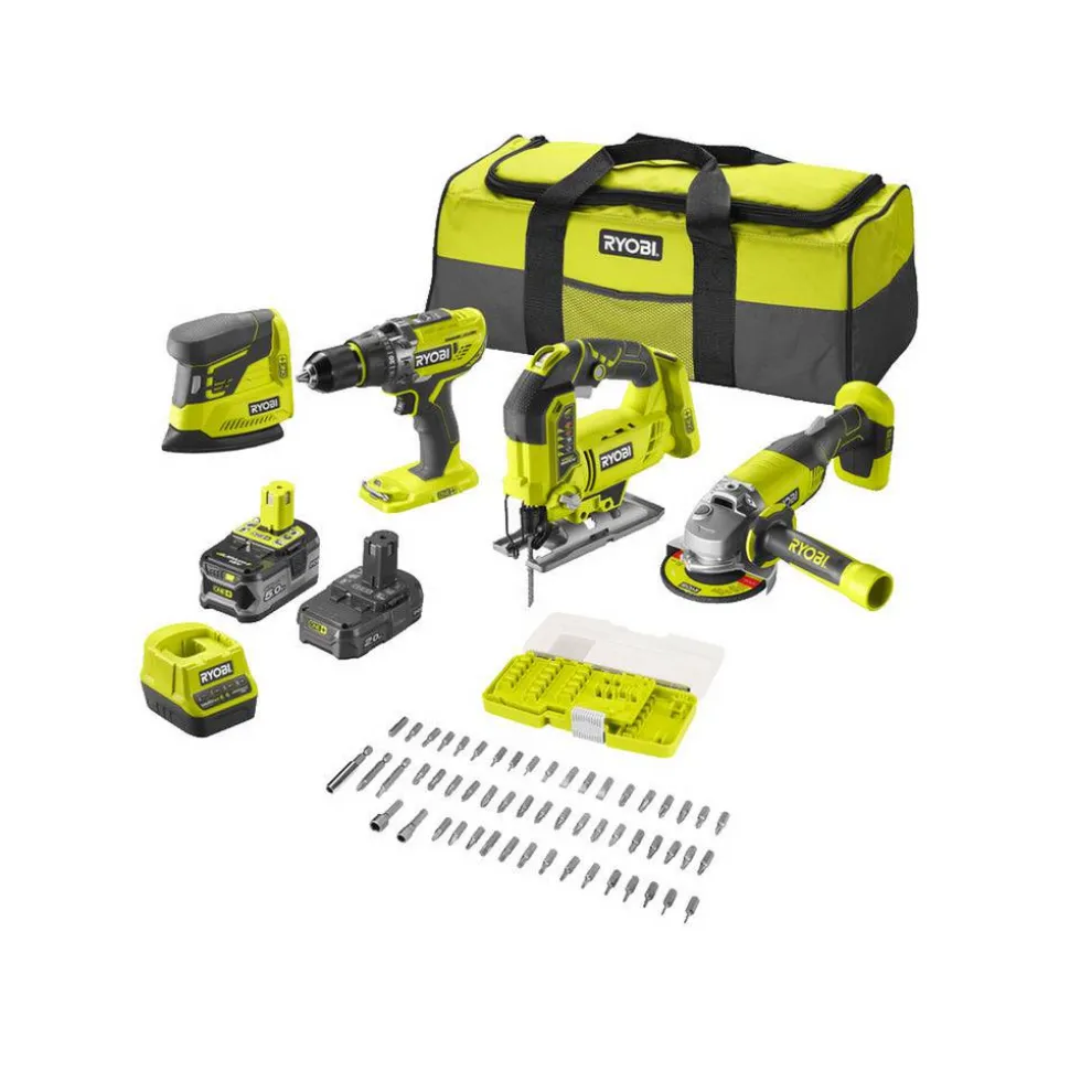 Combo Kit Akku-Schlagbohrschrauber, Winkelschleifer, Stichsäge, Delta-Vibrationsschleifer 'R18CK4F-252S' mit Akku, Werkzeugtasche und 55-teiligem Bit-Set