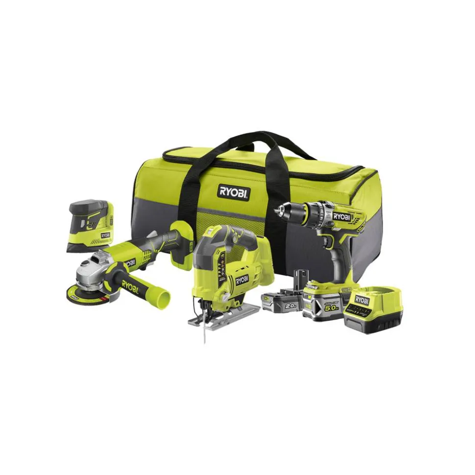 Combo Kit Akku-Schlagbohrschrauber, Winkelschleifer, Stichsäge, Delta-Vibrationsschleifer 'R18CK4F-252S' mit Akku, Werkzeugtasche und 55-teiligem Bit-Set