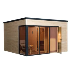 Design-Saunahaus 'Cubilis' mit Sauna Varberg 3 und 7,5 kW OS-Ofenset, Steuerung 380 x 300 x 249 cm
