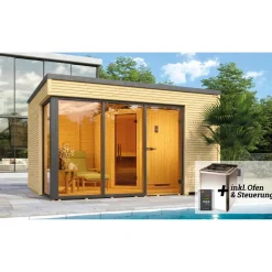 Design-Saunahaus 'Cubilis' mit Sauna Varberg 3 und 7,5 kW BioS-Ofenset, Steuerung 380 x 300 x 249 cm