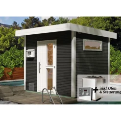 Design-Saunahaus 'Kuopio' anthrazit, mit 9 kW OS-Ofenset, analoger Steuerung 238 x 238 x 253 cm
