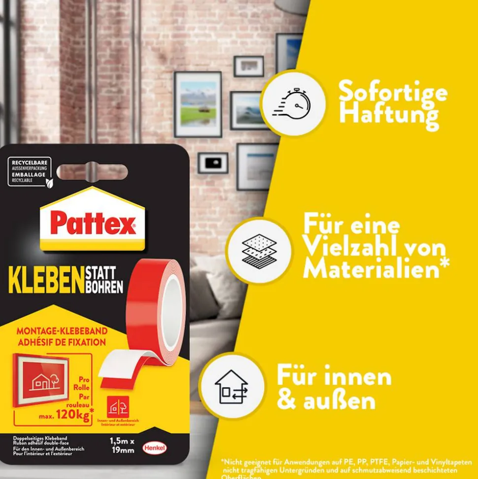 Doppelseitiges Klebeband 'Kleben statt Bohren' rot 19 mm x 1,5 m