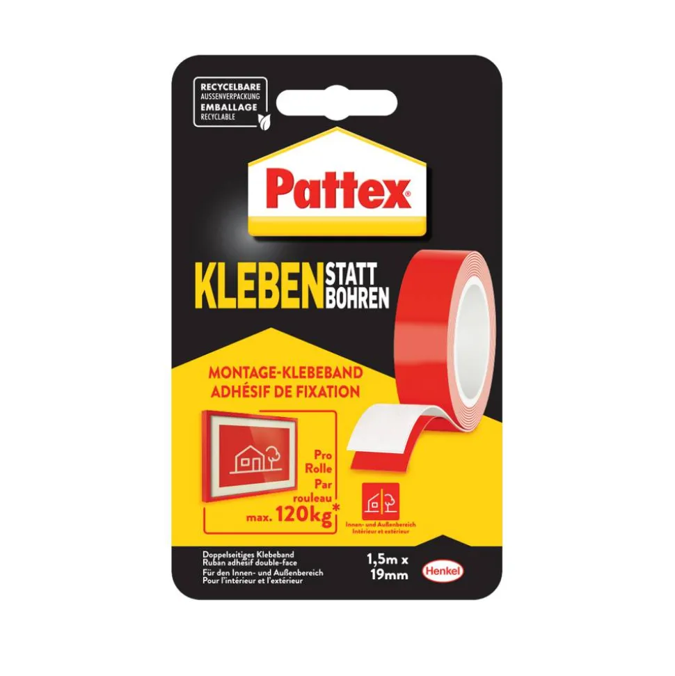 Doppelseitiges Klebeband 'Kleben statt Bohren' rot 19 mm x 1,5 m