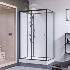 Dusche mit Schiebetür links und Seitenwand, Klarglas, vollgerahmt, schwarz matt, 90 x 204 cm