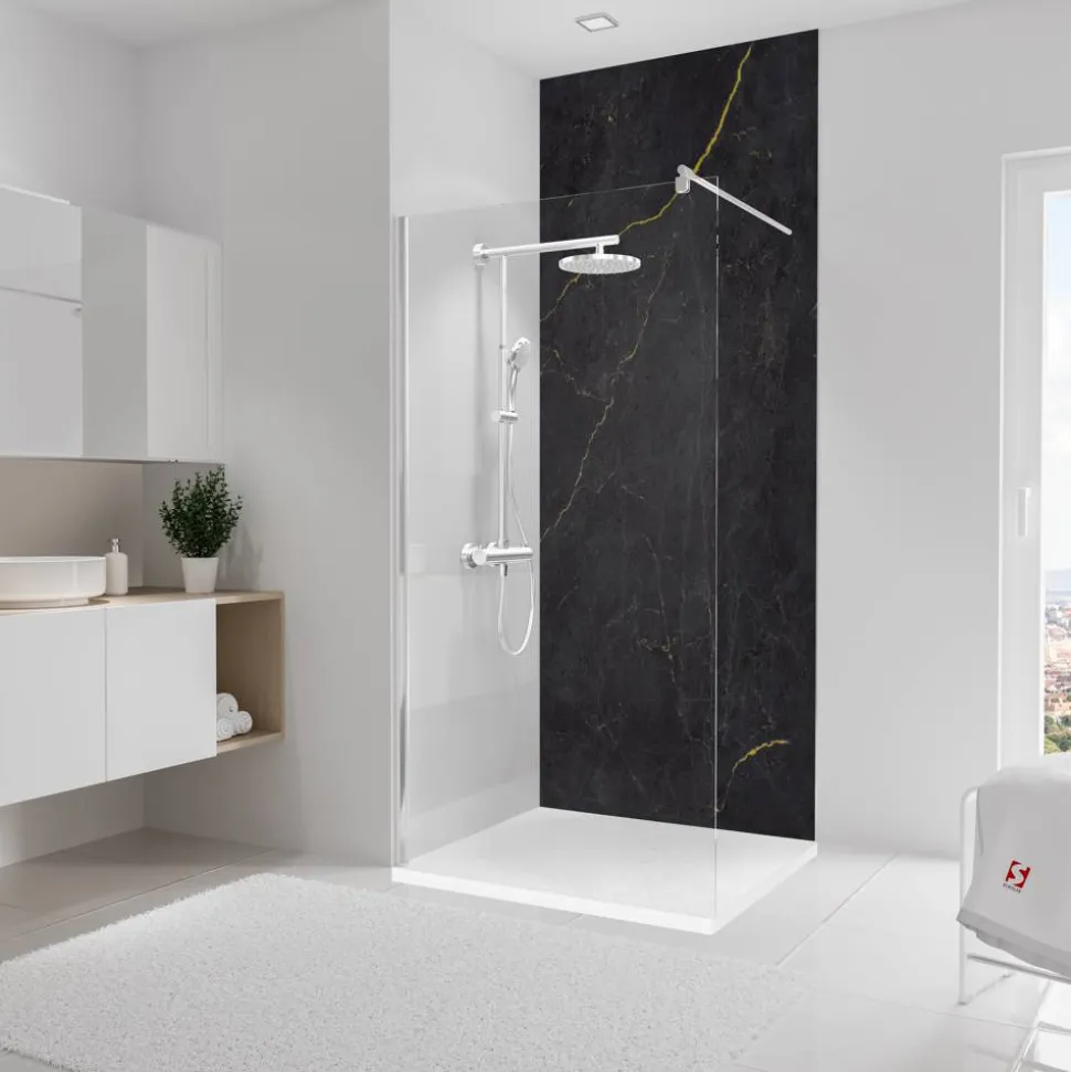 Duschrückwand 'DecoDesign' Softtouch Stein Marmor-Anthrazit-Gold 255 x 100 cm