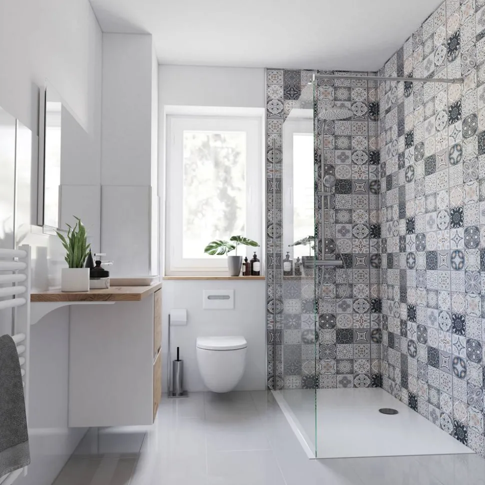 Duschrückwand Fliesenoptik mediterranes Design grau/weiß/beige 150 x 255 cm