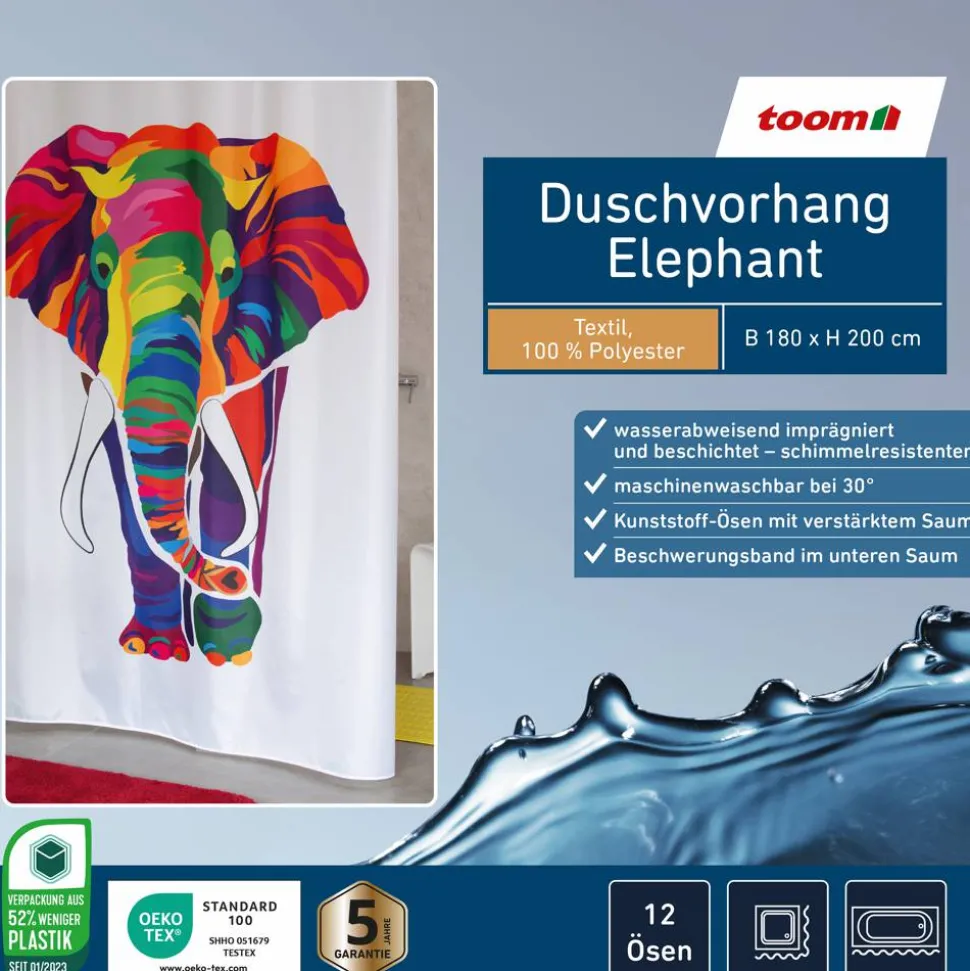 Duschvorhang 'Elephant' bunt 180 x 200 cm