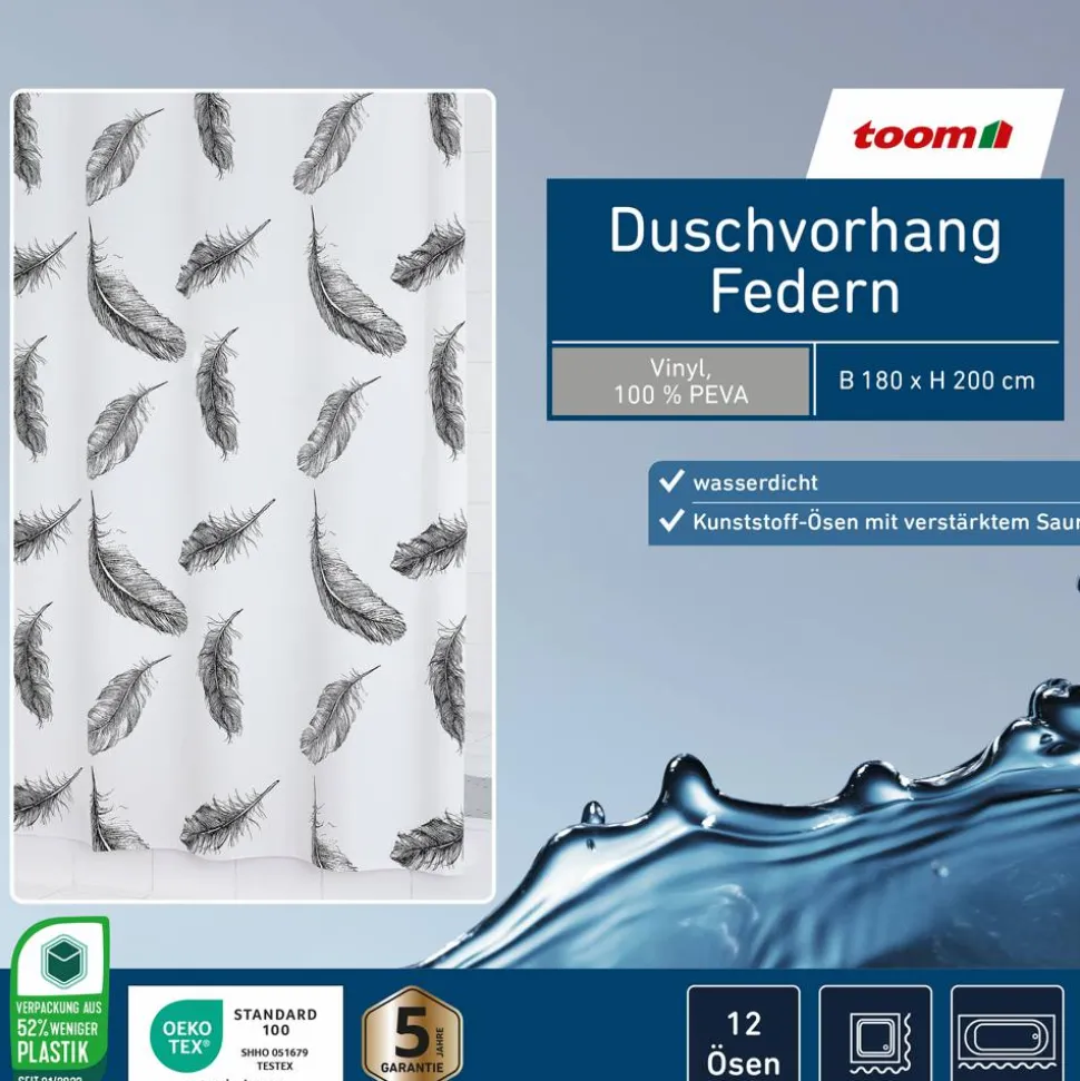 Duschvorhang 'Federn' weiß/schwarz 180 x 200 cm