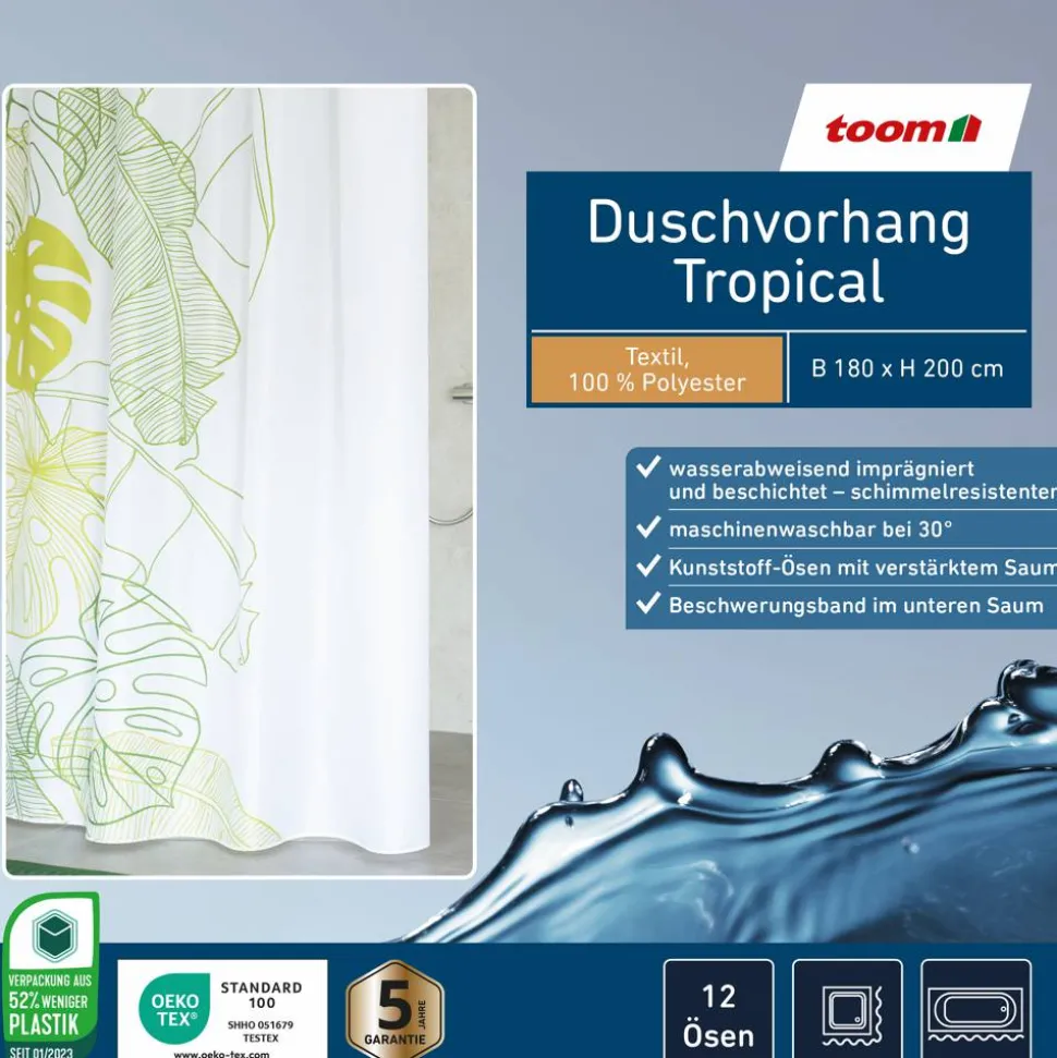 Duschvorhang 'Tropical' Textil grün 180 x 200 cm
