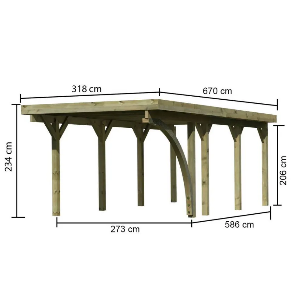 Einzelcarport 'Carlos 2' Kiefer PVC-Dach mit einem Einfahrtsbogen 670 x 318 x 234 cm