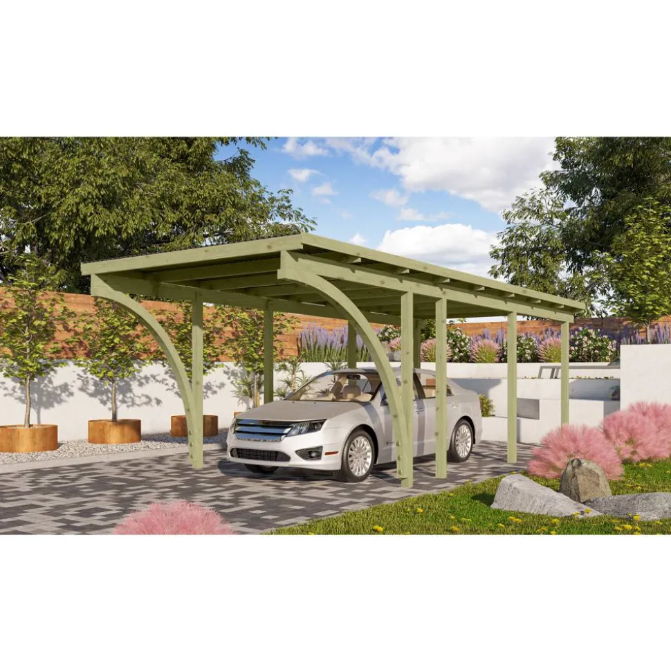 Einzelcarport 'Eco 2' 304 x 676 cm Kiefer KDI PVC-Dach, mit zwei Einfahrtsbögen