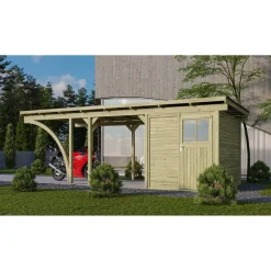 Einzelcarport 'Eco 2' 304 x 676 cm Kiefer KDI PVC-Dach, mit einem Einfahrtsbogen