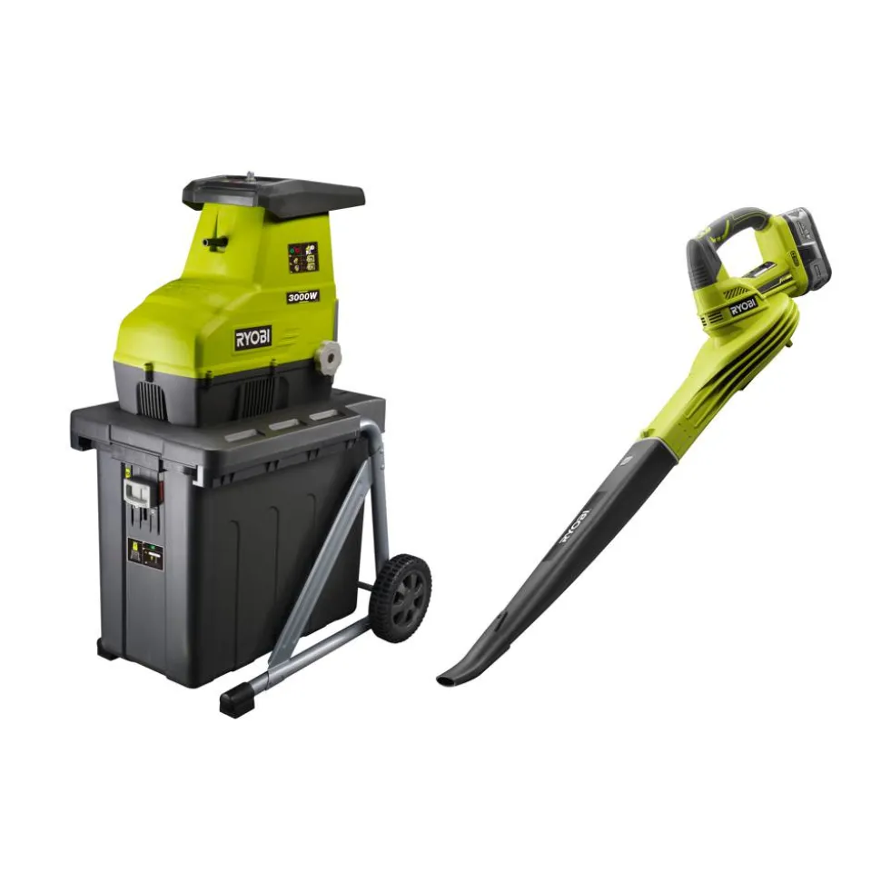 Elektro-Leisehäcksler 'RSH3045UBL' und Akku-Laubbläser 'OBL1820S' mit Akku