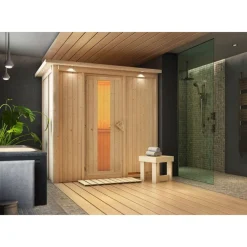 Elementsauna 'Aina' naturbelassen mit Kranz und Energiespartür 210 x 132 x 202 cm