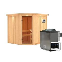 Elementsauna 'Alicia' naturbelassen mit Kranz 9 kW Bio-Ofen externe Steuerung Easy 210 x 210 x 202 cm