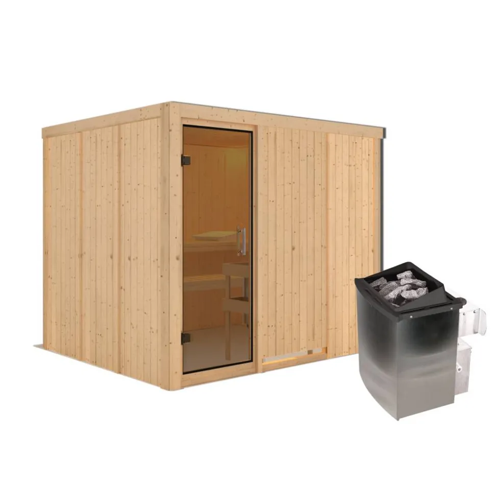 Elementsauna 'Alisa' naturbelassen mit graphitfarbener Tür 9 kW Ofen integrierte Steuerung 231 x 196 x 198 cm