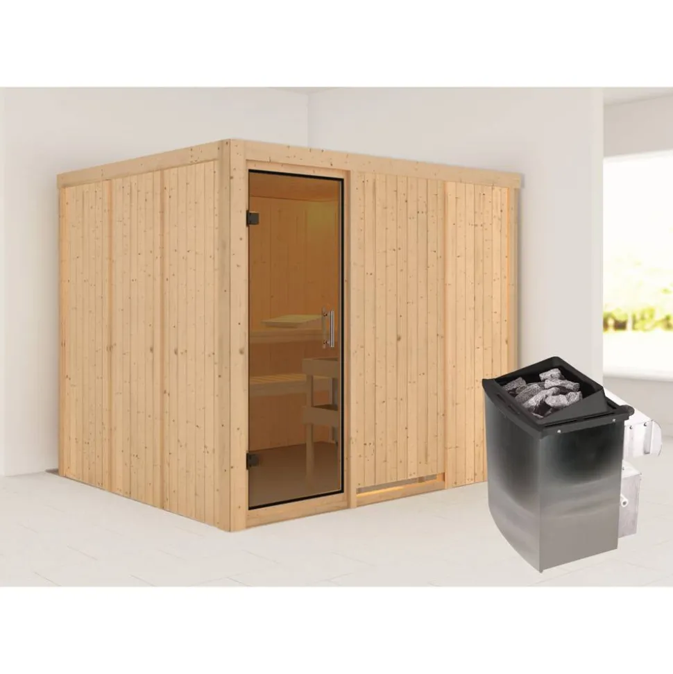 Elementsauna 'Alisa' naturbelassen mit graphitfarbener Tür 9 kW Ofen integrierte Steuerung 231 x 196 x 198 cm