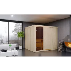 Elementsauna 'Alisa' naturbelassen mit graphitfarbener Tür 9 kW Ofen integrierte Steuerung 231 x 196 x 198 cm
