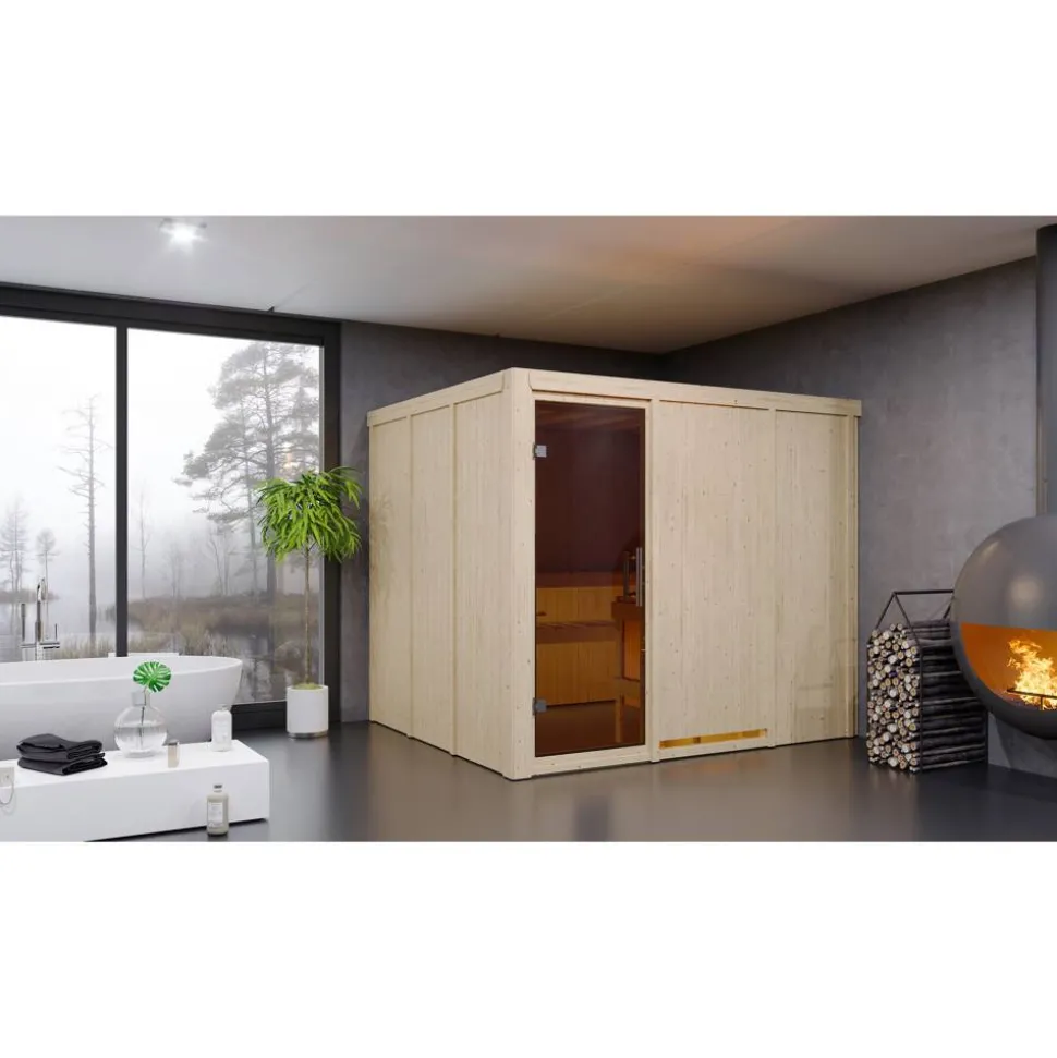 Elementsauna 'Alisa' naturbelassen mit graphitfarbener Tür 9 kW Ofen integrierte Steuerung 231 x 196 x 198 cm