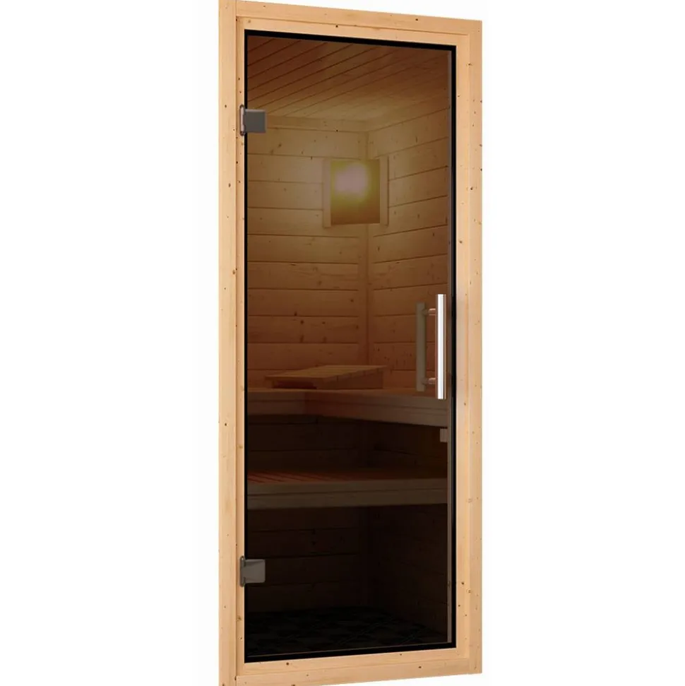 Elementsauna 'Alisa' naturbelassen mit graphitfarbener Tür 9 kW Ofen integrierte Steuerung 231 x 196 x 198 cm