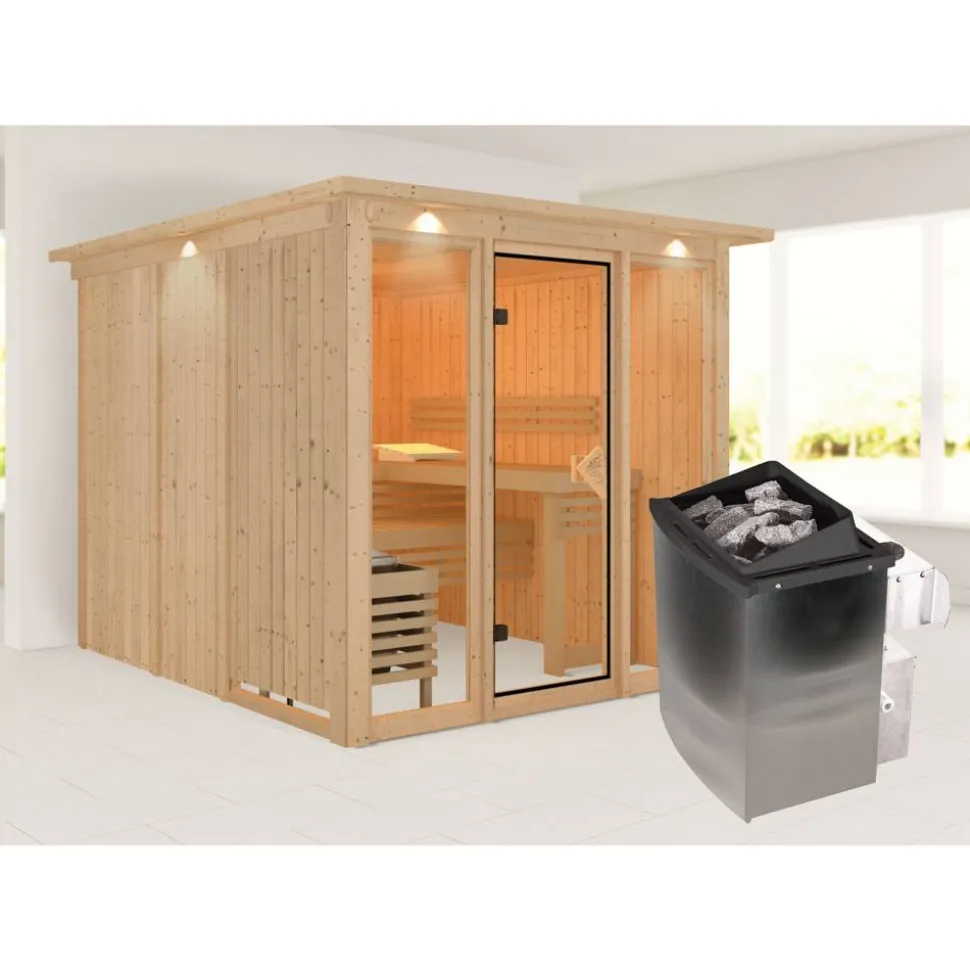 Elementsauna 'Arabella' naturbelassen mit Kranz bronzierter Tür und Glasfront 9 kW Ofen integrierte Steuerung 240,5 x 248 x 202 cm