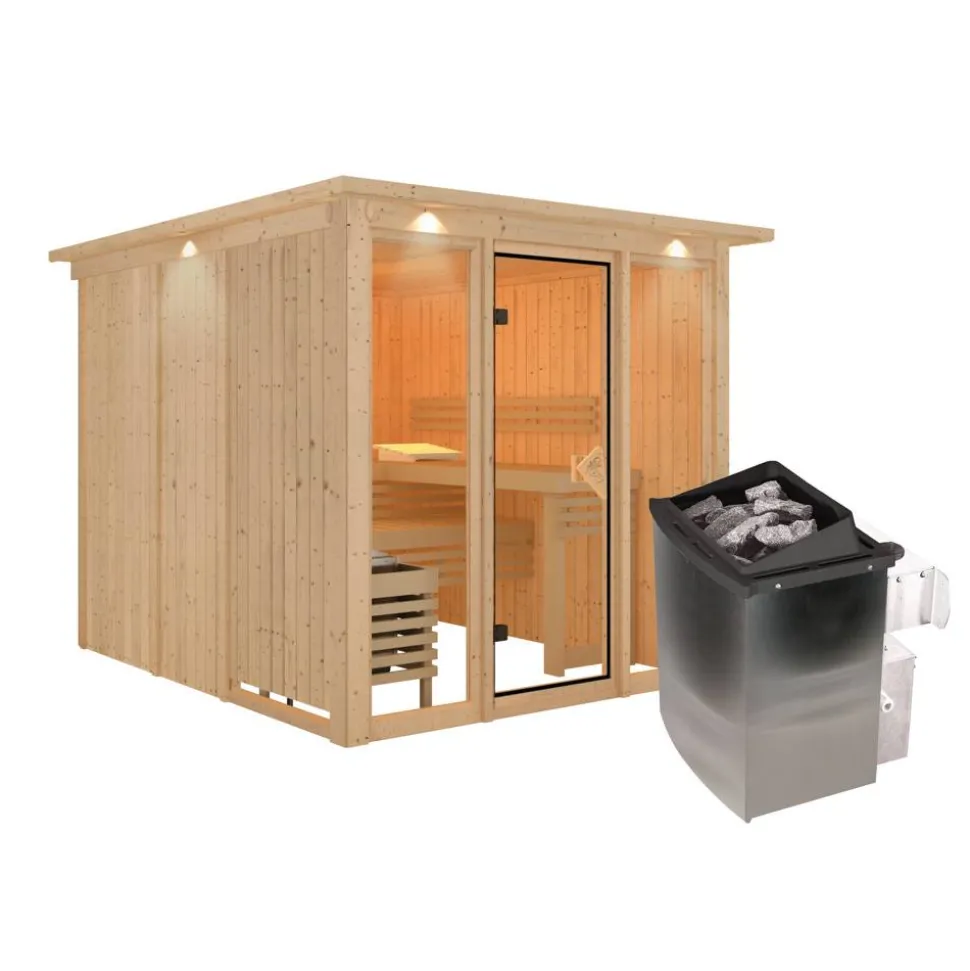 Elementsauna 'Arabella' naturbelassen mit Kranz bronzierter Tür und Glasfront 9 kW Ofen integrierte Steuerung 240,5 x 248 x 202 cm