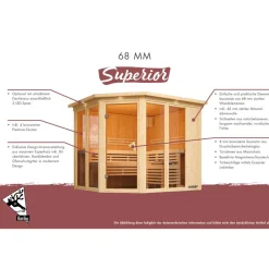 Elementsauna 'Arabella' naturbelassen mit Kranz bronzierter Tür und Glasfront 9 kW Ofen integrierte Steuerung 240,5 x 248 x 202 cm