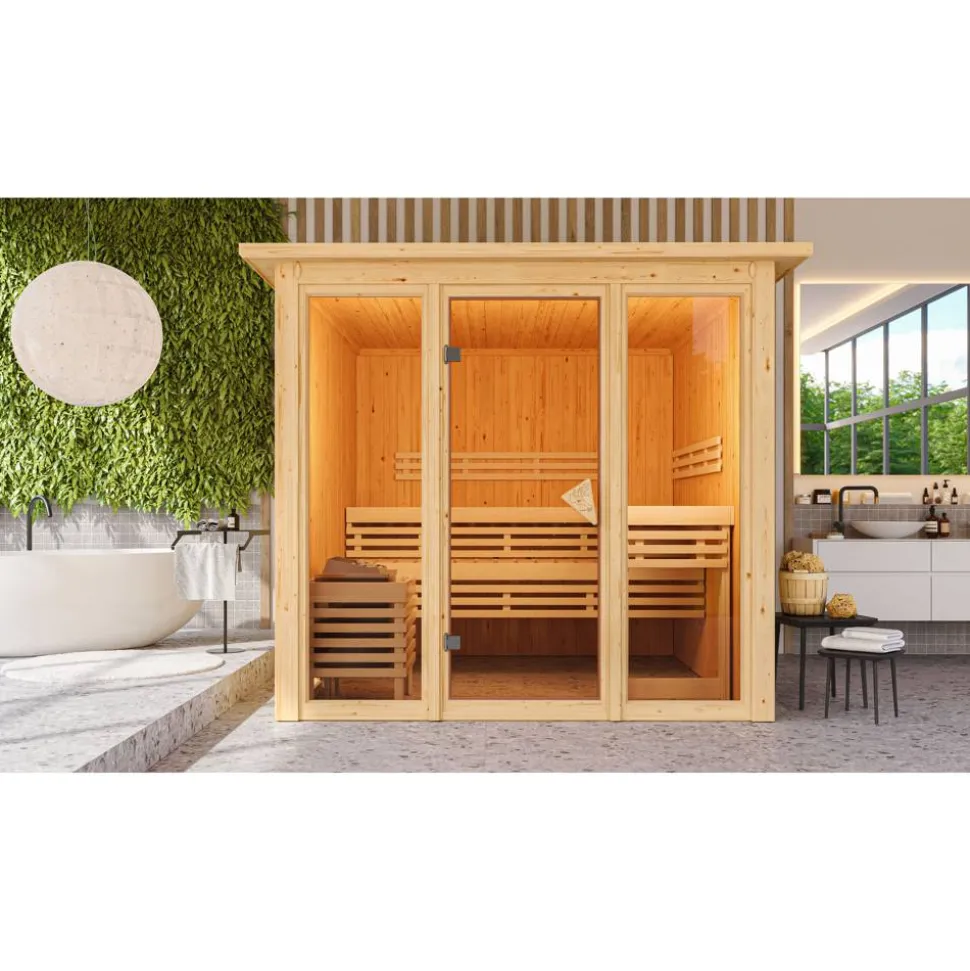 Elementsauna 'Arabella' naturbelassen mit Kranz bronzierter Tür und Glasfront 9 kW Ofen integrierte Steuerung 240,5 x 248 x 202 cm