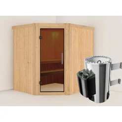 Elementsauna 'Carolina' naturbelassen mit graphitfarbener Tür 3,6 kW Ofen integrierte Steuerung 196 x 170 x 198 cm
