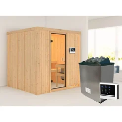 Elementsauna 'Halmstadt' natur 9 kW Ofen, Steuerung Easy, Glastür, Zubehörpaket 178 x 196 x 198 cm