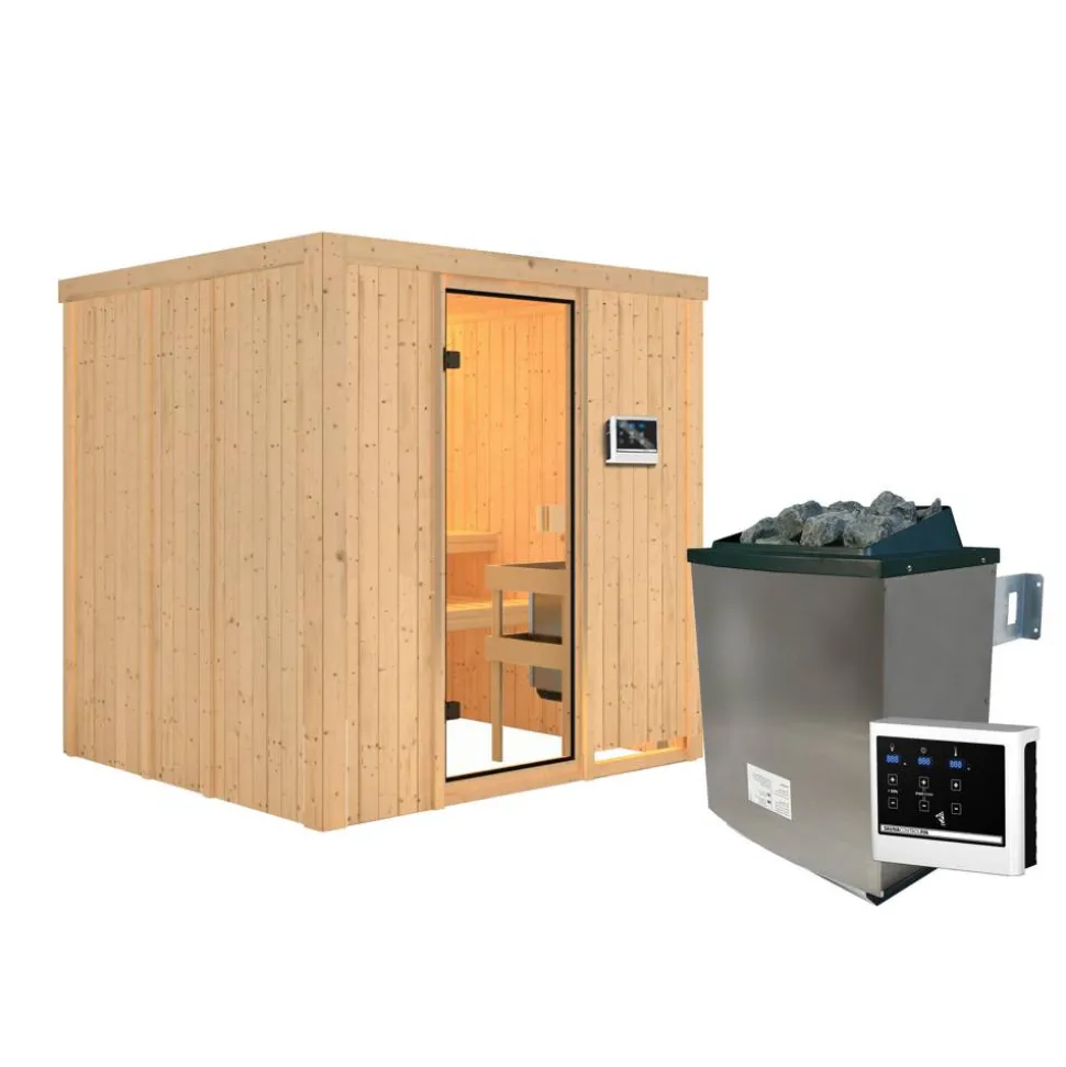 Elementsauna 'Halmstadt' natur 9 kW Ofen, Steuerung Easy, Glastür, Zubehörpaket 178 x 196 x 198 cm