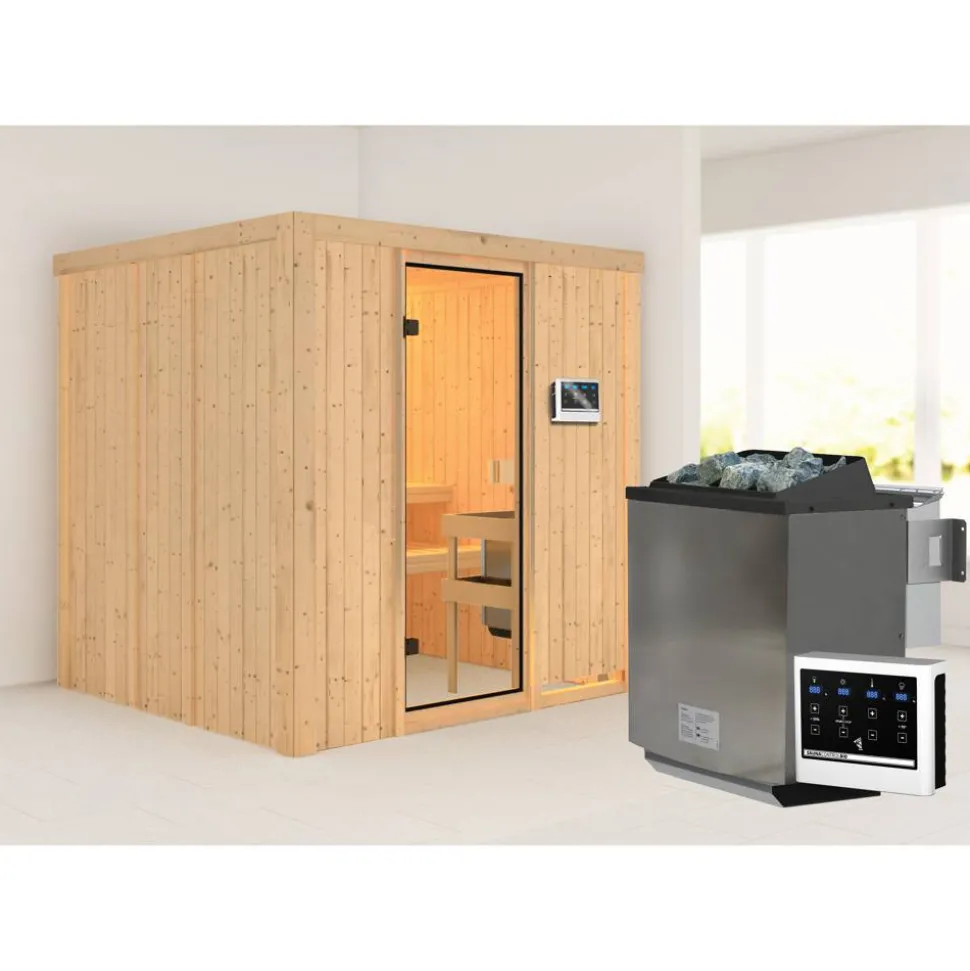 Elementsauna 'Halmstadt' natur 9 kW Bio-Ofen, Steuerung Easy, Glastür, Zubehörpaket 178 x 196 x 198 cm
