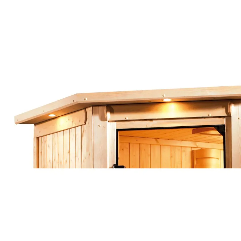 Elementsauna 'Valeria' naturbelassen mit Energiespartür und Kranz 3,6 kW Ofen integrierte Steuerung 165 x 165 x 202 cm